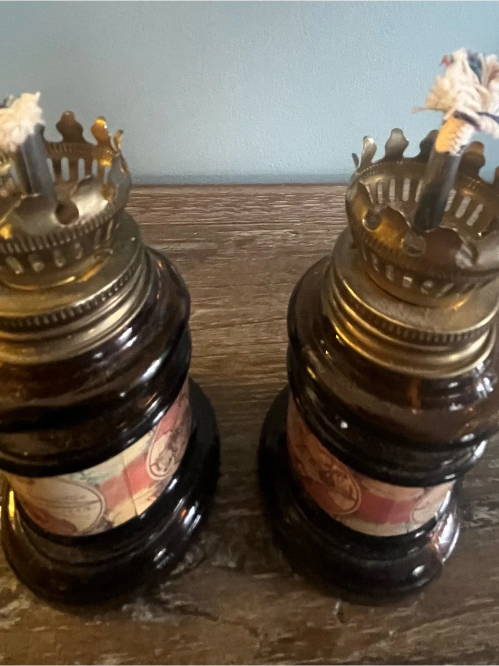 Pair Vintage Mini Oil Lamps 9” Amber Glass Chimneys World Map Decor